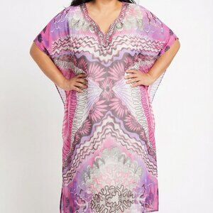 Riviera Sun Women's Lilac Kaftan Sequin Tribal Motif Sheer Overlay Dress Size 2X